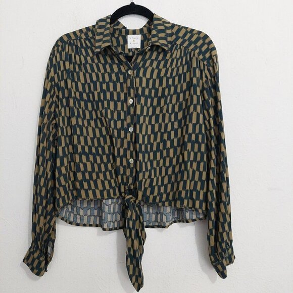 By Together Sz S Button Tie Front Blouse Long Sleeve V-neck Top Geometric Print - Picture 1 of 7